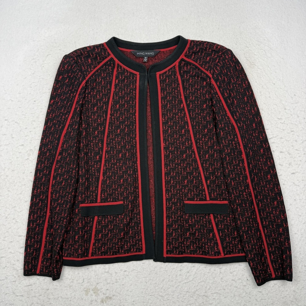 Ming Wang Jacket Womens Medium Black Red Knit Open Front Pockets Geometric